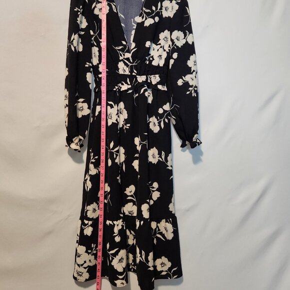 Monteau Black White Floral Print Day Dress w/Elastic Gathered Waist- Small - Picture 7 of 12